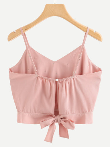 Pearl Beaded Split Tie Back Crop Cami Top