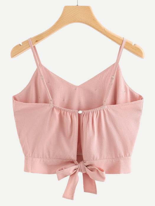 Pearl Beaded Split Tie Back Crop Cami Top